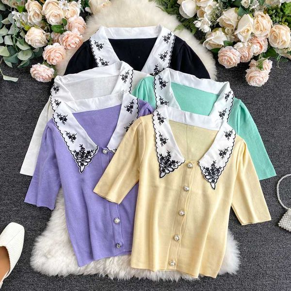 women peter pan collar embroidered knitted summer short sleeve single-breasted green/white patchwork sweater new fashion, White;black
women peter pan collar embroidered knitted summer short sleeve single-breasted green/white patchwork sweater new fashion, White;black
