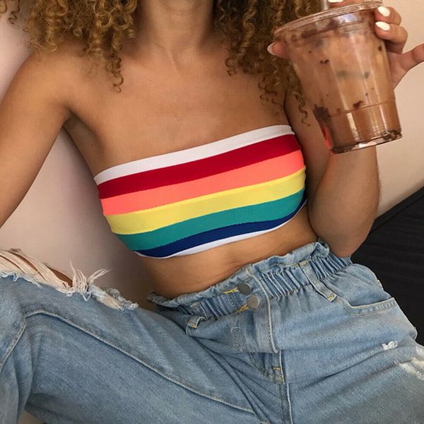 2019 new women strapless seamless rainbow striped print slash neck corset bandeau stretch vest tanks women crop top, White
2019 new women strapless seamless rainbow striped print slash neck corset bandeau stretch vest tanks women crop top, White