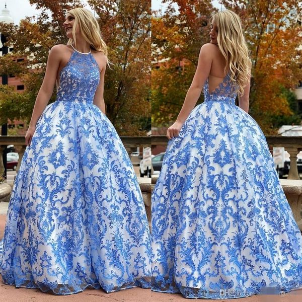 2020 halter blue prom dresses lace applique a line sheer neck floor length tulle custom made evening gown formal party wear, Black
2020 halter blue prom dresses lace applique a line sheer neck floor length tulle custom made evening gown formal party wear, Black