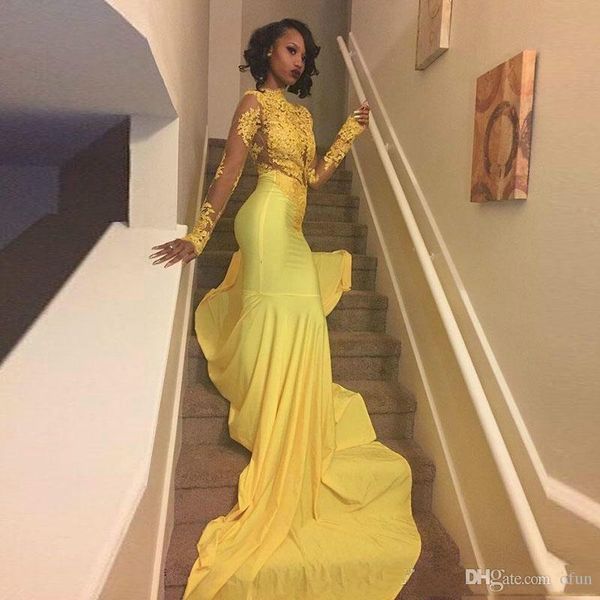 lace appliques illusion mermaid prom dresses party gown long sleeve sweep train yellow robes de soirée, Black
lace appliques illusion mermaid prom dresses party gown long sleeve sweep train yellow robes de soirée, Black