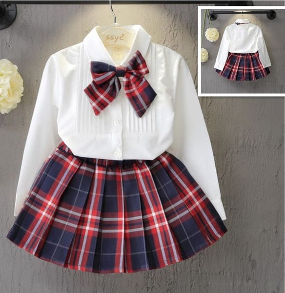 

New Kids Designer Tracksuits 2020 Girls Bow Shirt+plaid Skirts 2 Piece Outfits Korean Fashion Long Sleeve Suits Set Children Clothing Set, As picture