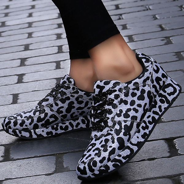 

women sneakers fashion leopard wedges thick sole height increasing chunky platform vulcanized ladies loafers rubber runing shoes, Black