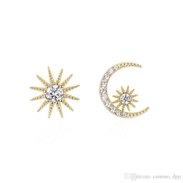 korean asymmetrical star moon stud earrings for women 925 sterling silver hypoallergenic cz ear rings fashion jewelry gift, Golden;silver