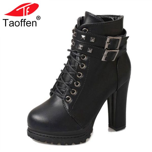 taoffen woman high heel boots platform lace up rivets metal buckle zipper woman short boots fashion shoes size 35-40, Black
taoffen woman high heel boots platform lace up rivets metal buckle zipper woman short boots fashion shoes size 35-40, Black