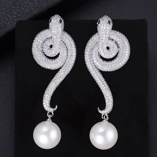 godki luxury snakes cubic zircon bridal wedding imitation pearl long drop earrings for women jewelry boucle d'oreille femme, Silver 
godki luxury snakes cubic zircon bridal wedding imitation pearl long drop earrings for women jewelry boucle d'oreille femme, Silver