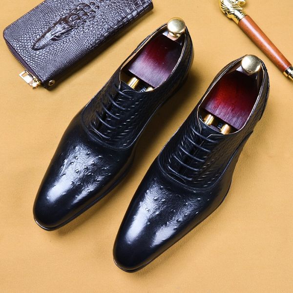 men pointed leather shoes formal british style wedding party dress shoes casual lace up men, Black