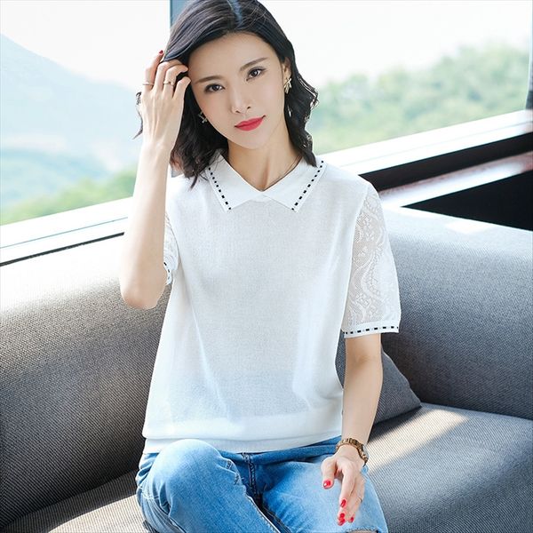 western-style ice silk knitted women's 2020 shirt light loose slim versatile women's tt shirt, White 
western-style ice silk knitted women's 2020 shirt light loose slim versatile women's tt shirt, White