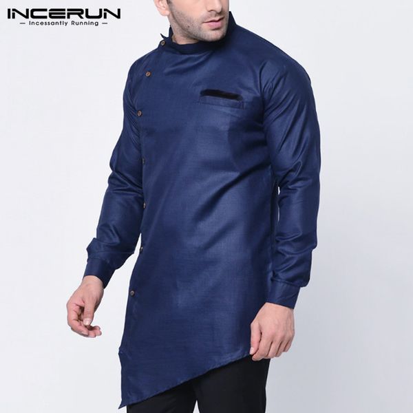 2020 men irregular shirt clothes long sleeve solid button stand collar long vintage muslim shirts incerun plus size, White;black
2020 men irregular shirt clothes long sleeve solid button stand collar long vintage muslim shirts incerun plus size, White;black