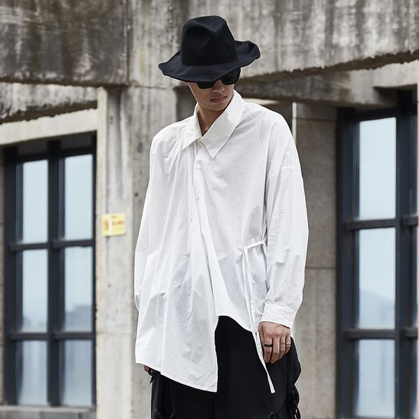 male japan streetwear hip hop vintage black white dress shirts men long sleeve asymmetric placket design loose casual shirt, White;black
male japan streetwear hip hop vintage black white dress shirts men long sleeve asymmetric placket design loose casual shirt, White;black