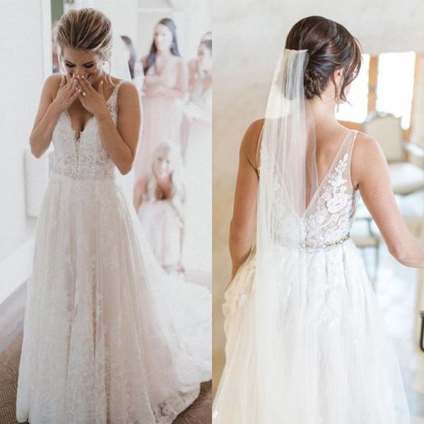 modest a line v neckline lace wedding dress backless bohemian sleeveless sweep train tulle lace appliqued beach bridal gown with sash, White
modest a line v neckline lace wedding dress backless bohemian sleeveless sweep train tulle lace appliqued beach bridal gown with sash, White