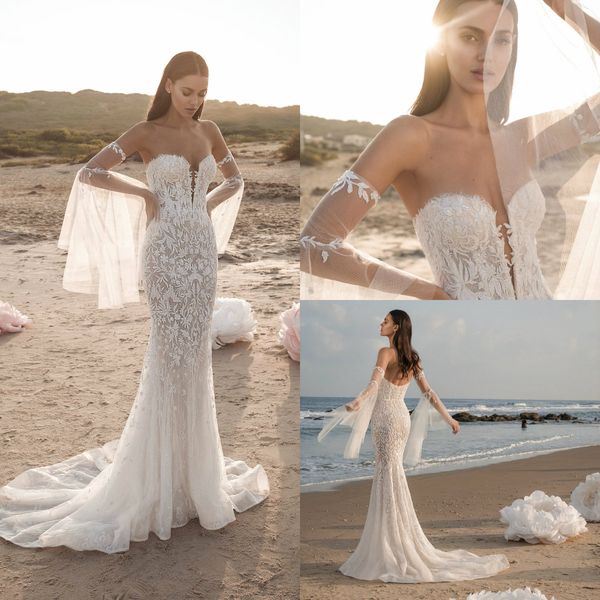 2019 berta mermaid wedding dresses sweetheart lace appliqued sweep train beach wedding dress with detachable sleeves vestito da sposa, White
2019 berta mermaid wedding dresses sweetheart lace appliqued sweep train beach wedding dress with detachable sleeves vestito da sposa, White