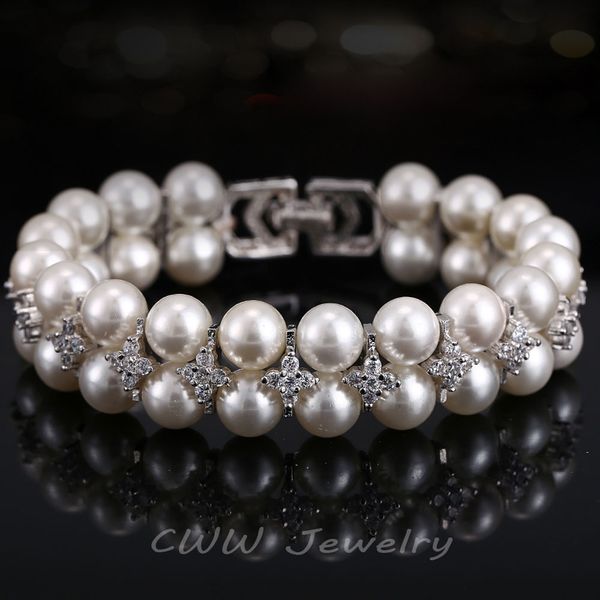cwwzircons handmade wedding pearl jewelry double rows cubic zirconia setting big bridal bracelets bangle for women cb157, Golden;silver
cwwzircons handmade wedding pearl jewelry double rows cubic zirconia setting big bridal bracelets bangle for women cb157, Golden;silver