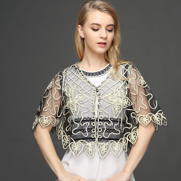 vintage 1920s gatsby women's cardigan coat half flare sleeve v-neck embroidery floral grid lace cardigan short cape shawl, Black
vintage 1920s gatsby women's cardigan coat half flare sleeve v-neck embroidery floral grid lace cardigan short cape shawl, Black