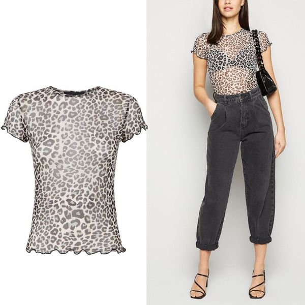 women's t-shirt women summer short sleeve slim perspective mesh leopard print pullover o-neck ruffles trim streetwear, White
women's t-shirt women summer short sleeve slim perspective mesh leopard print pullover o-neck ruffles trim streetwear, White
