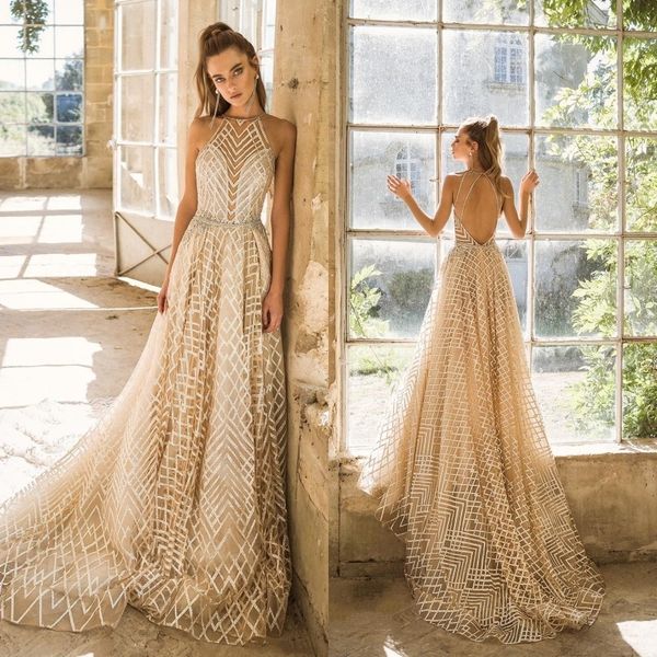2020 modest birenzweig a line wedding dresses halter sleeveless hollow lace applique sequins wedding gowns sweep train robe de mariée, White
2020 modest birenzweig a line wedding dresses halter sleeveless hollow lace applique sequins wedding gowns sweep train robe de mariée, White