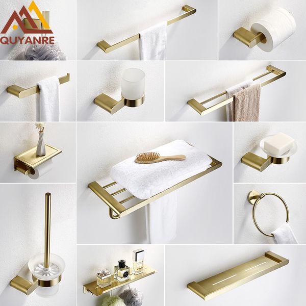 quyanre brushed gold sus304 stainless steel bathroom hardware set towel shelf towel bar paper holder hook bathroom accessories
quyanre brushed gold sus304 stainless steel bathroom hardware set towel shelf towel bar paper holder hook bathroom accessories