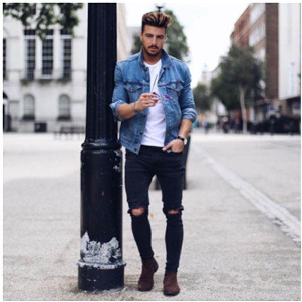 new style black jeans knee ripped pants skinny jeans men's wear lower apron, Blue