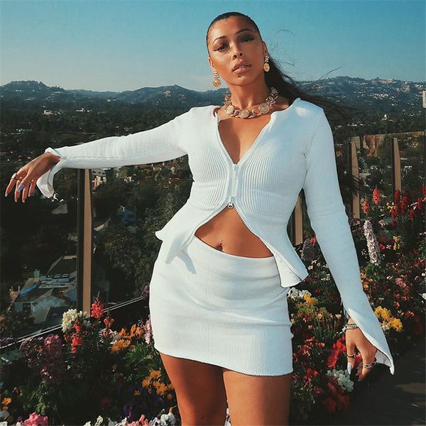 spring autumn two pieces sets v neck zipper long sleeve skinny ladies two piece dress, White
spring autumn two pieces sets v neck zipper long sleeve skinny ladies two piece dress, White