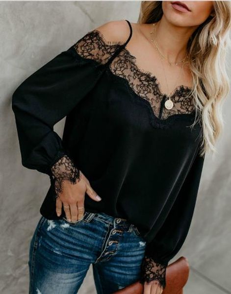 womens designer lace panelled tees casual long sleeve slash neck tshirts slip slim tees casual womens clothing, White 
womens designer lace panelled tees casual long sleeve slash neck tshirts slip slim tees casual womens clothing, White