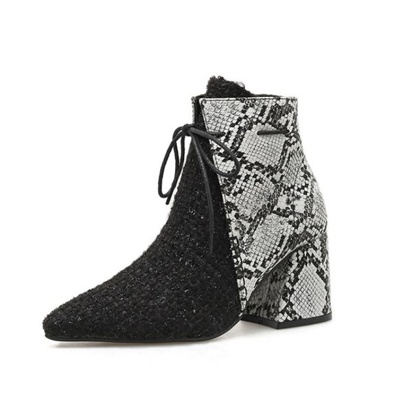 patchwork pointed toe snake pattern boots women lace-up botas mujer chunky heels slim fashion short ankle botines, Black
patchwork pointed toe snake pattern boots women lace-up botas mujer chunky heels slim fashion short ankle botines, Black