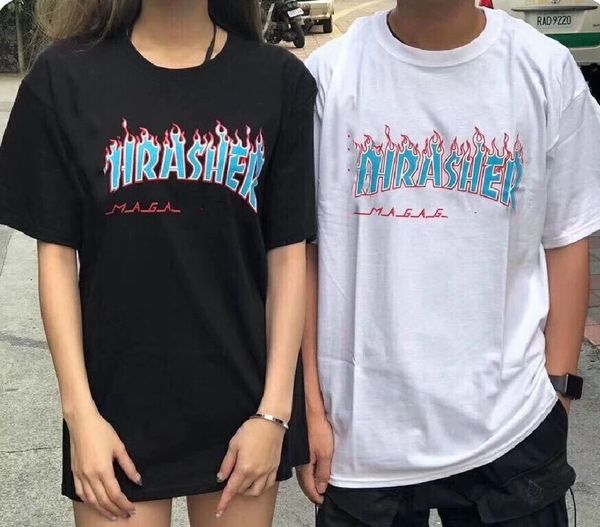 summer new men's short-sleeved couple t-shirt cotton casual thrasher flame tee, White;black
summer new men's short-sleeved couple t-shirt cotton casual thrasher flame tee, White;black