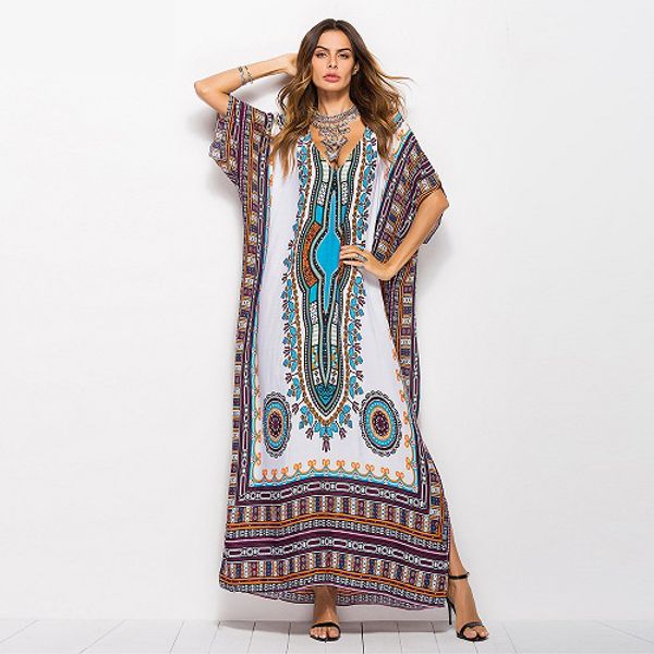 female dress robe beach dress printed v-neck bat sleeve national style lace-up ankle-length flora printed dress 32, White
female dress robe beach dress printed v-neck bat sleeve national style lace-up ankle-length flora printed dress 32, White