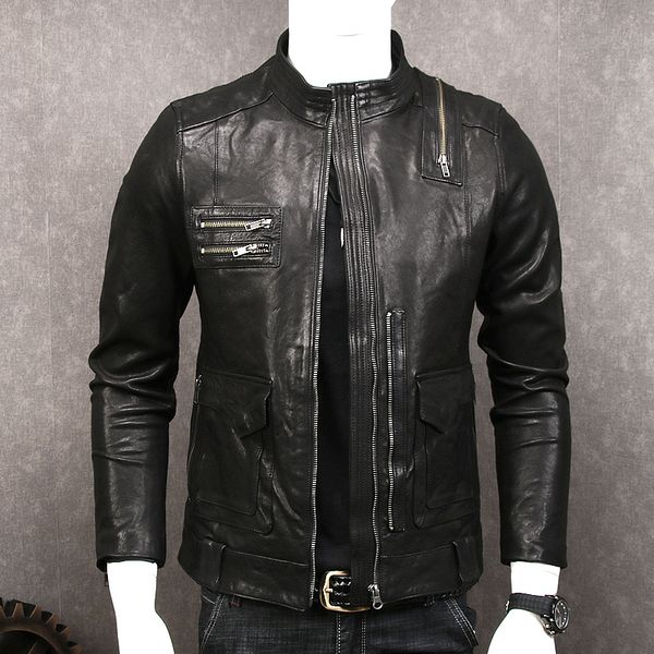 new vegetable tanned goatskin men's genuine leather jacket short slim fit stand collar casual simple leather jacket male, Black
new vegetable tanned goatskin men's genuine leather jacket short slim fit stand collar casual simple leather jacket male, Black