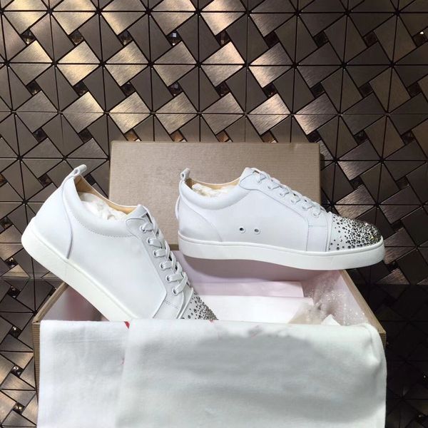 white leather with strass junior low red bottom shoes for men,women name brand couple skateboard crystal party dress eu35-47, Black
white leather with strass junior low red bottom shoes for men,women name brand couple skateboard crystal party dress eu35-47, Black