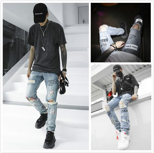 men's jeans tide high street fashion style jeans europe america style graffiti print cut hole street leisure, Blue
men's jeans tide high street fashion style jeans europe america style graffiti print cut hole street leisure, Blue