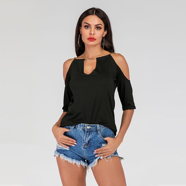 2019 european and american women's selling shoulder-exposed fashion new hanging rope shoulder-exposed seven-sleeve t-shirt, White
2019 european and american women's selling shoulder-exposed fashion new hanging rope shoulder-exposed seven-sleeve t-shirt, White