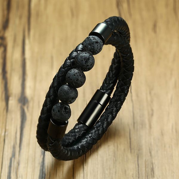 black color doule braid leather mens bracelet with nature lave stone bead health healing male bangle sport casual jewelry, Golden;silver
black color doule braid leather mens bracelet with nature lave stone bead health healing male bangle sport casual jewelry, Golden;silver