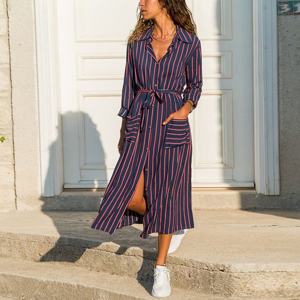 2020 new fashion striped lady shirt dress long sleeve turn down collar casual dresses pockets bandage elegant midi dress robe, Black;gray
2020 new fashion striped lady shirt dress long sleeve turn down collar casual dresses pockets bandage elegant midi dress robe, Black;gray