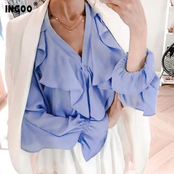 ingoo autumn office blouse women v neck button ruffle long puff sleeve summer elegant shirt lady workout chiffon blue casual top, White
ingoo autumn office blouse women v neck button ruffle long puff sleeve summer elegant shirt lady workout chiffon blue casual top, White