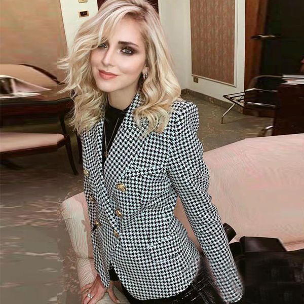 2019 new designer women's blazers jacket coat double-breasted metal lion button black plaid work office slim famale blazer women, White;black
2019 new designer women's blazers jacket coat double-breasted metal lion button black plaid work office slim famale blazer women, White;black