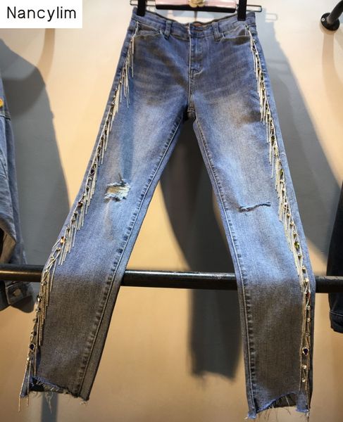 side diamond-studded tassel chain high-waisted slimming jeans for women summer autumn ripped jeans deim pants trousers female, Blue
side diamond-studded tassel chain high-waisted slimming jeans for women summer autumn ripped jeans deim pants trousers female, Blue