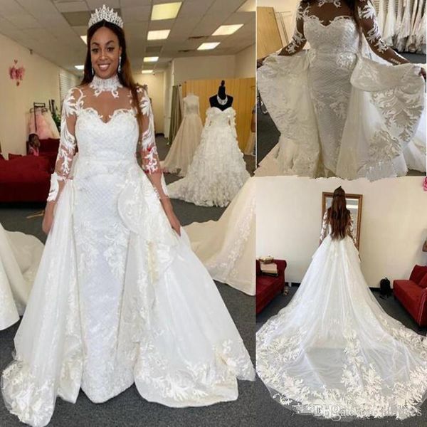 african nigerian mermaid wedding dresses with detachable train high collar sheer neck long sleeves 3d lace appliques wedding bridal gowns, White
african nigerian mermaid wedding dresses with detachable train high collar sheer neck long sleeves 3d lace appliques wedding bridal gowns, White