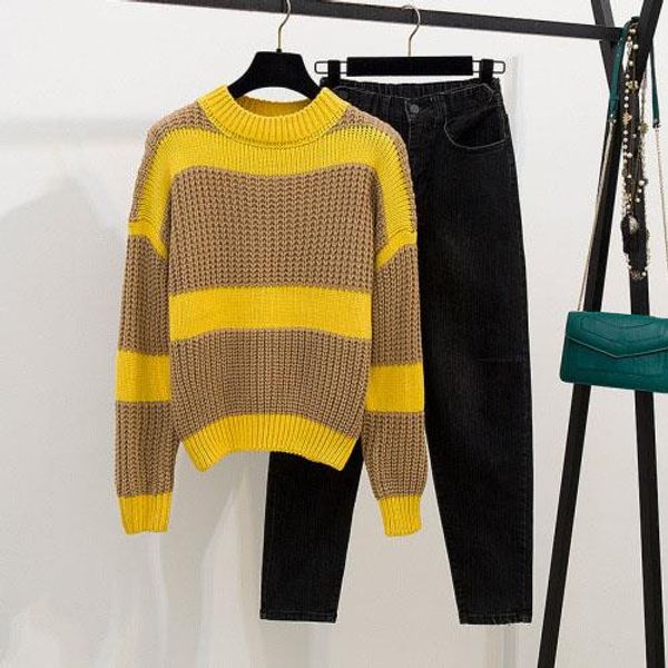 college style knitted sweater set fashion stretch jeans trousers pattern women clothes suit girl students two piece sets, White
college style knitted sweater set fashion stretch jeans trousers pattern women clothes suit girl students two piece sets, White