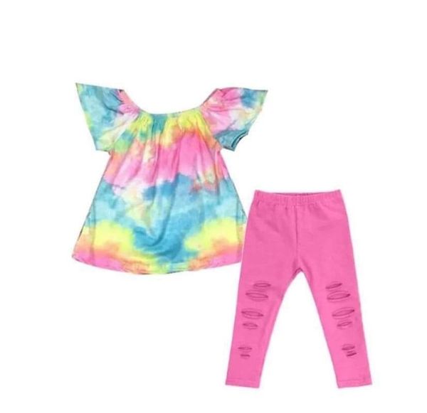 fashion tie dye flutter tunic pink baby girl party boutique kids clothing set, White