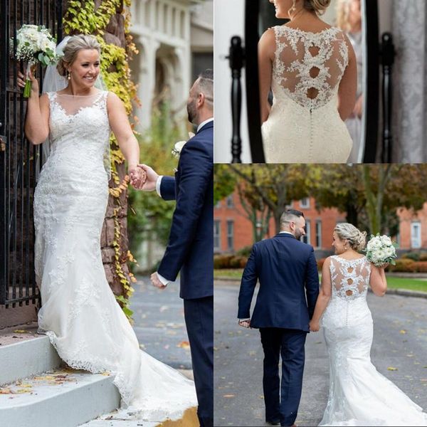 vintage lace appliques wedding dresses 2019 vestido de noiva sleeveless sweep train mermaid plus size bridal gowns robe de mariee, White
vintage lace appliques wedding dresses 2019 vestido de noiva sleeveless sweep train mermaid plus size bridal gowns robe de mariee, White