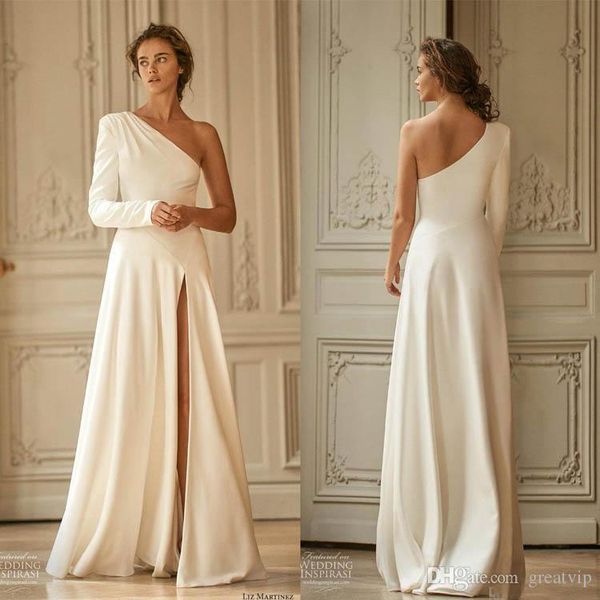liz martinez simple a line wedding dresses high side split long sleeve one shoulder country bridal gowns wedding dress vestidos, White
liz martinez simple a line wedding dresses high side split long sleeve one shoulder country bridal gowns wedding dress vestidos, White