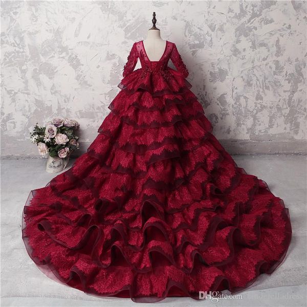 dark red sheer long sleeve ball gown girl' pageant dresses tiered beaded puffy corset back formal kids birthday prom party gowns bc293, White;red
dark red sheer long sleeve ball gown girl' pageant dresses tiered beaded puffy corset back formal kids birthday prom party gowns bc293, White;red