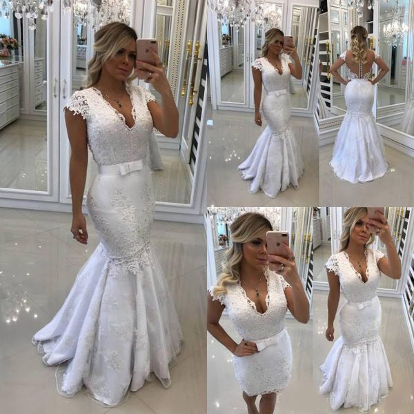 stylish mermaid lace wedding dresses with detachable train v neck backless bridal gowns beaded plus size pearls vestidos de nnovia, White
stylish mermaid lace wedding dresses with detachable train v neck backless bridal gowns beaded plus size pearls vestidos de nnovia, White