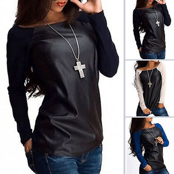 new womens scoop neck jumper leather casual baseball tee blouse shirts outwear, White
new womens scoop neck jumper leather casual baseball tee blouse shirts outwear, White
