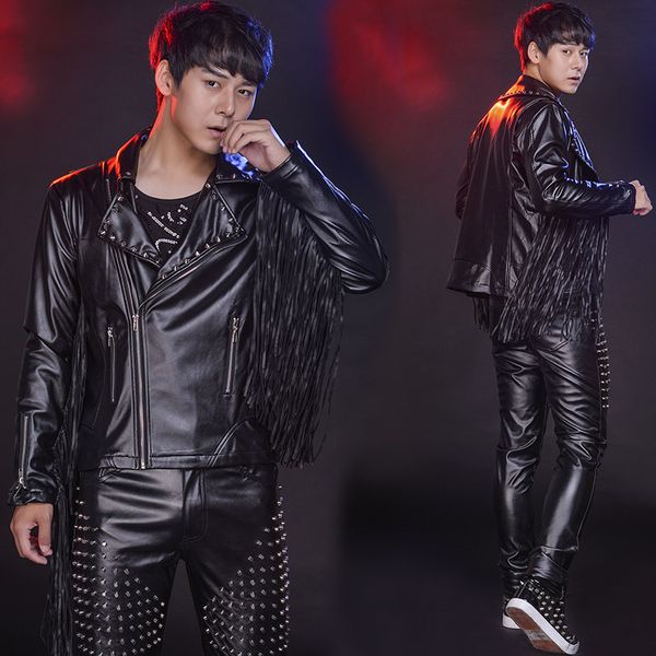 new leather men's jacket korean men's fashion motorcycle leather jacket personality rivet pants tassel stage clothing, Black
new leather men's jacket korean men's fashion motorcycle leather jacket personality rivet pants tassel stage clothing, Black