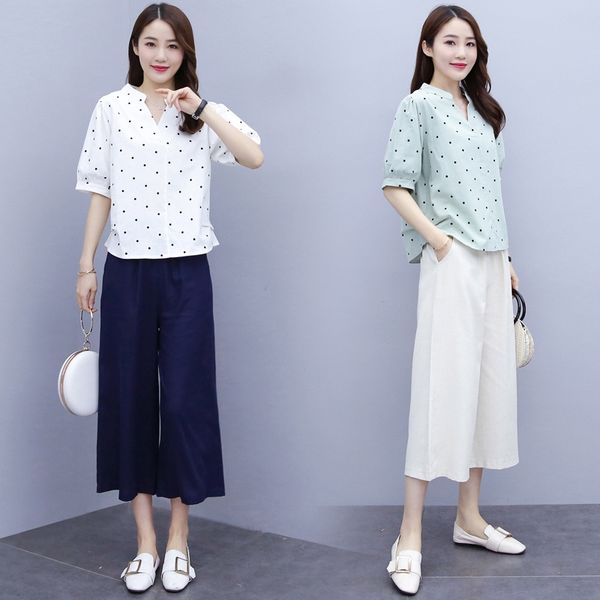 2020 artistic loose cotton wide leg pants and linen v-neck polka dot short sleeve linen wide leg pants casual two-piece set, White
2020 artistic loose cotton wide leg pants and linen v-neck polka dot short sleeve linen wide leg pants casual two-piece set, White