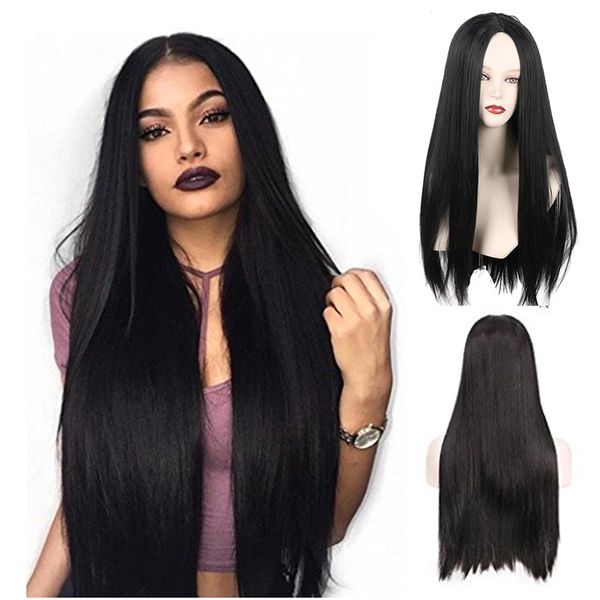 

black long straight wigs 60cm centre parting heat resistant 1 piece synthetic hair wig for women
