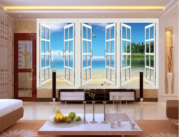 3d window outside sea view tv background wall modern living room wallpapers