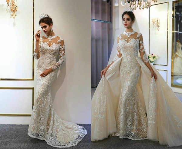 floral mermaid wedding dresses with detachable train high-neck sheer long sleeve bridal gowns appliqued lace custom made vestidos de novia, White
floral mermaid wedding dresses with detachable train high-neck sheer long sleeve bridal gowns appliqued lace custom made vestidos de novia, White