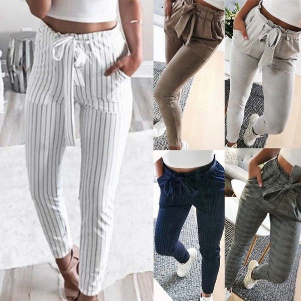 fashion women high waist drawstring elastic long pants stripped pencil trousers, Blue
fashion women high waist drawstring elastic long pants stripped pencil trousers, Blue