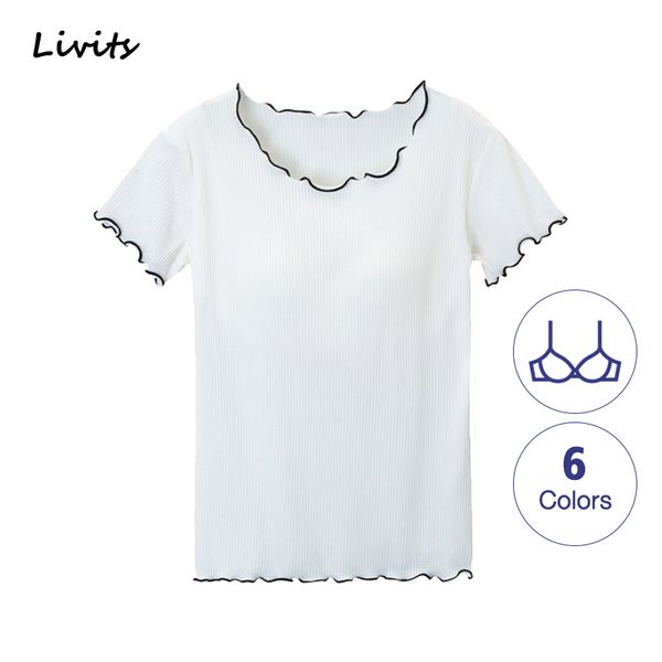 women's t-shirts padded built-in bra stretchy twill tshirts round neck short sleeve ruffles plain casual for female, White
women's t-shirts padded built-in bra stretchy twill tshirts round neck short sleeve ruffles plain casual for female, White